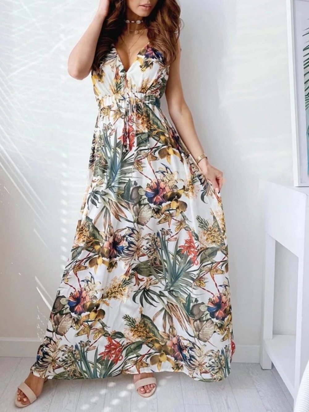 Women's Sleeveless V Neck Boho Floral Maxi Dress Summer Beach Backless Sundress - Picture 5 of 6